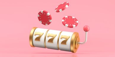 A slot machine showing 777 with chips on a pink background. Spin, win, and chase jackpots!