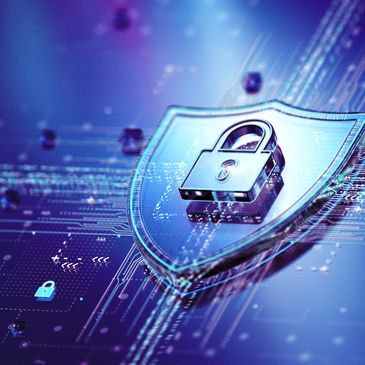 Digital security concept with a lock and shield protecting data circuits.