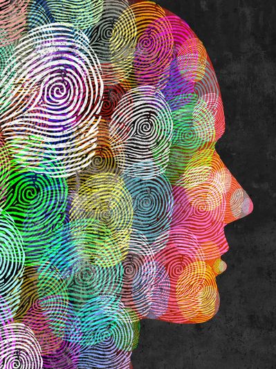 Colorful overlapping fingerprints form a human profile silhouette on a dark background.