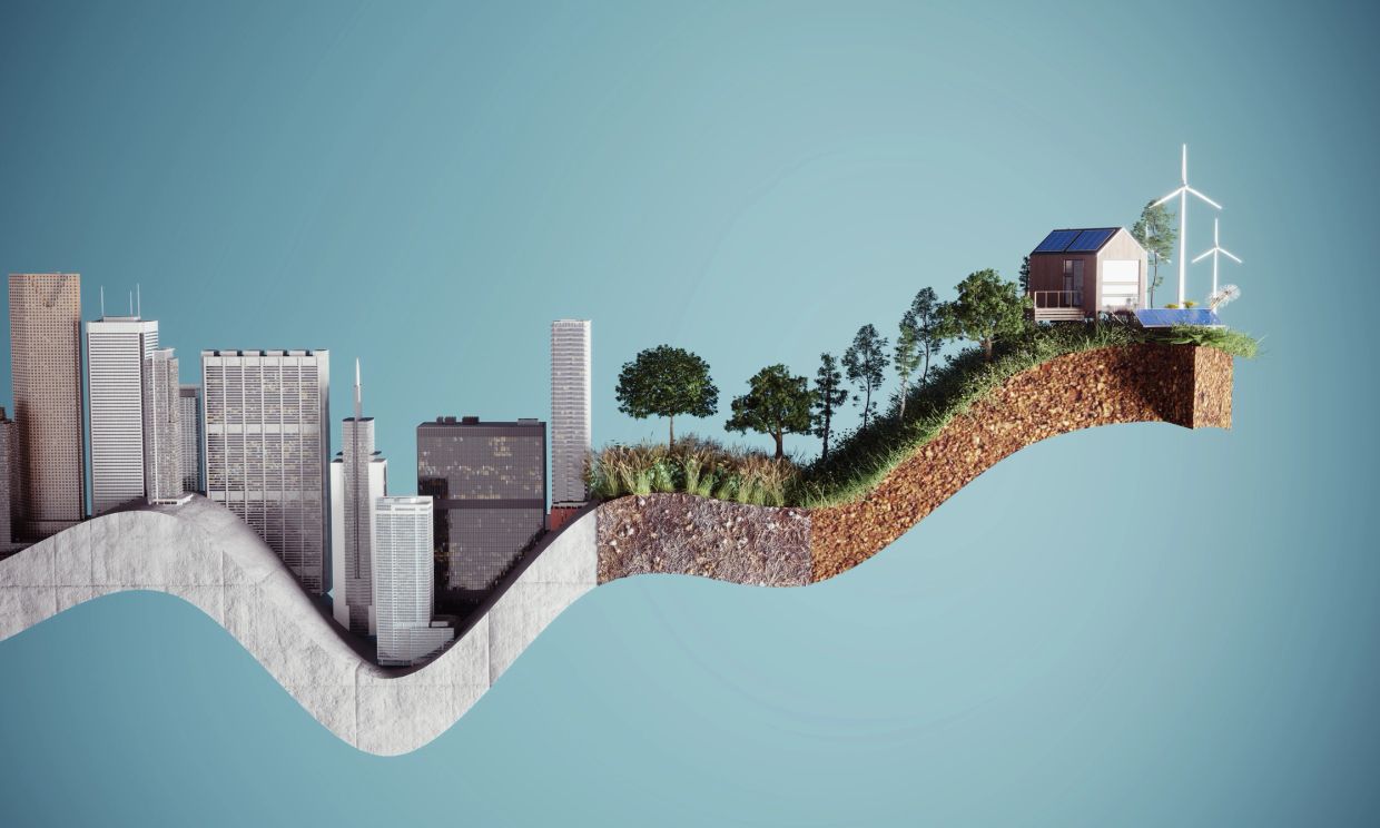 Cityscape transitions to a green, sustainable home with wind turbines and solar panels.