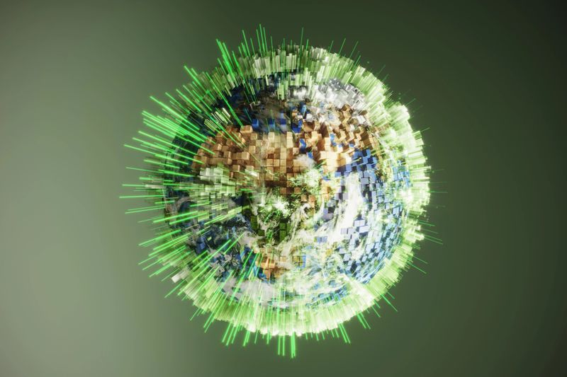 Glowing lines coming from the Earth made of cubes symbolizing sustainable datas coming from the Earth. All the world map textures are originally from NASA. ( 3d render )Map sources Url: -https://visibleearth.nasa.gov/images/74218 (3d render)