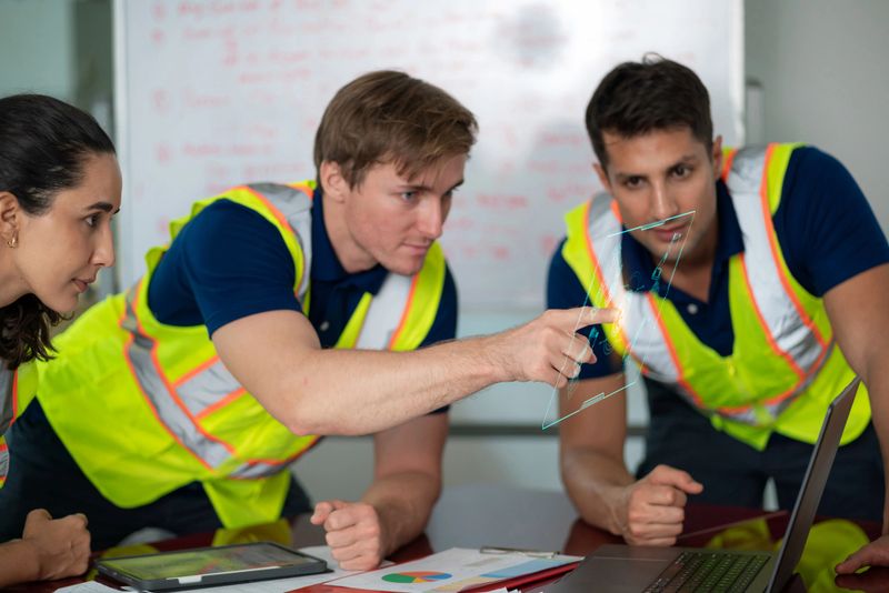A group of engineers gathers in a modern factory meeting room, pointing to a graphic screen displaying a model of a robotic arm. Engaged in discussion and brainstorming, the team works together to develop innovative solutions.