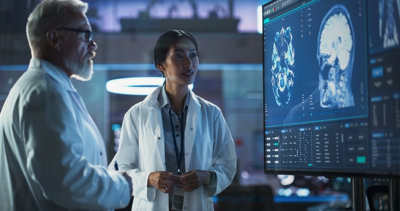 Neuroscience Laboratory Meeting: Female Asian Scientist And Male Caucasian Surgeon Discussing MRI Brain Scan On TV Display. Specialists Working On Medication For Rehabilitation After Brain Damage.