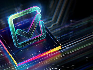 Glowing neon checkmark on a digital platform.