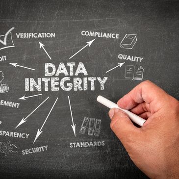 Hand writing data integrity concepts on a chalkboard with white chalk.