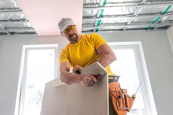 A construction worker measuring drywall inside a building under renovation.