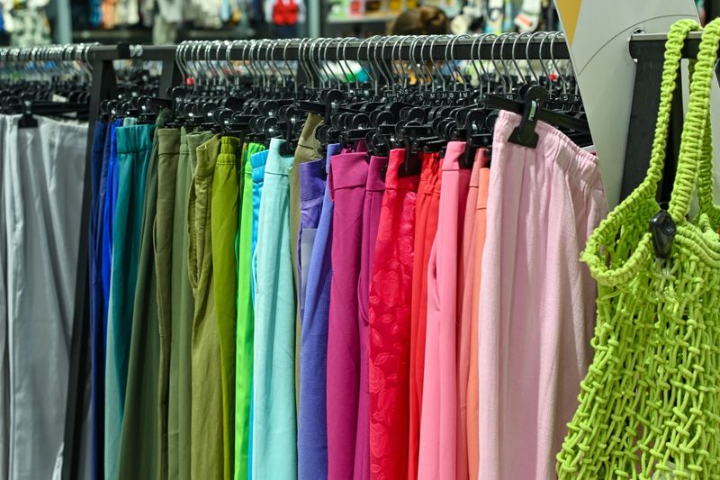 colorful women's trousers are sold in a store