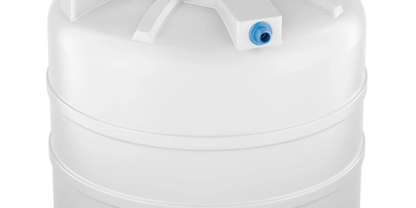 White plastic water storage tank with blue fittings and black lid.