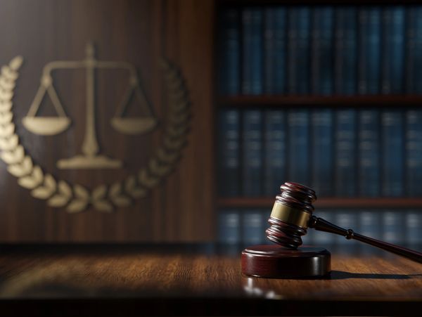 A judge's gavel on a wooden table with a blurred legal scales emblem and books in the background.