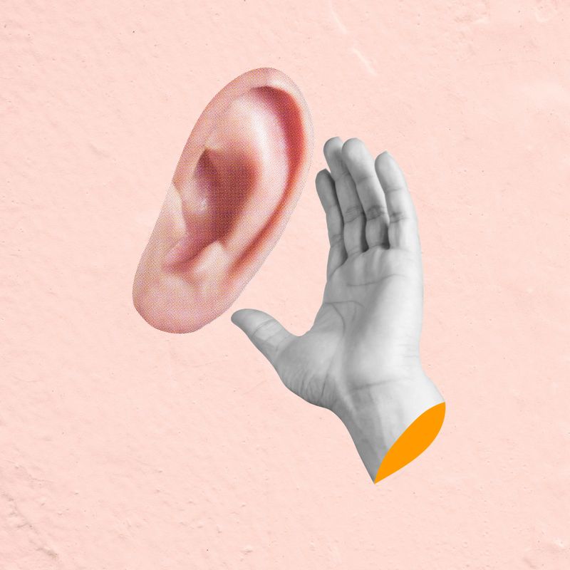 Contemporary art collage showing a giant ear listening to a businessman covering it with his hand, concept of unwanted information