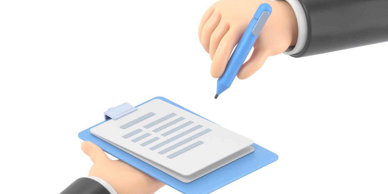 Cartoon hands with a clipboard and pen for signing documents.