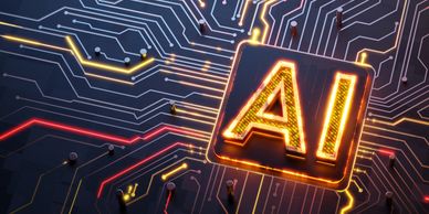 Glowing AI symbol integrated on a circuit board.