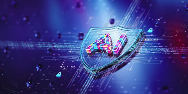 3D AI shield icon with digital security elements