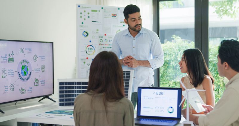 Group diverse Asia businesspeople talk ESG strategies risk management workshop, SDGs report, global warming, green finance and investment and net zero waste lifestyles in boardroom training building.