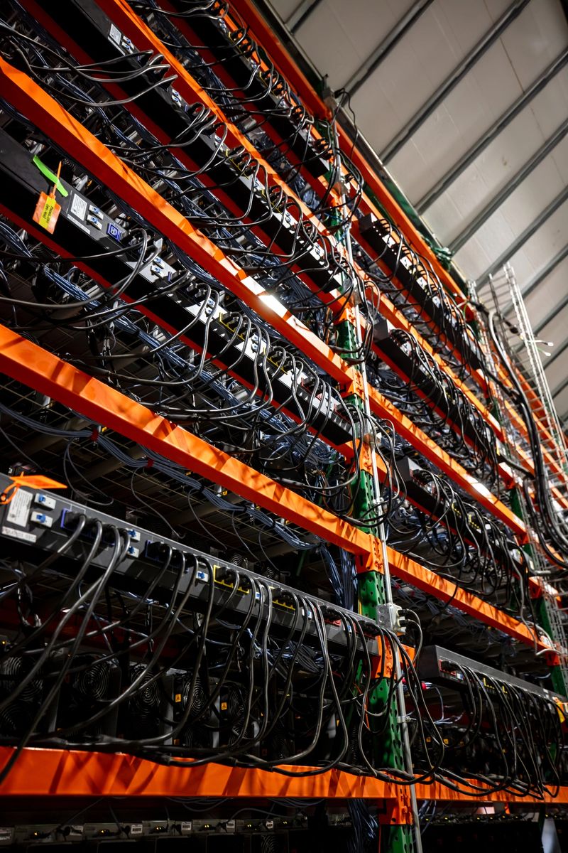 Racks of equipment in a data center for cryptocurrency mining, cloud services and AI computing in a large, temperature controlled warehouse in a remote location in  Stutsman County, North Dakota.