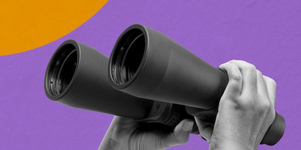 Hands holding binoculars emerging from holes on a purple background with an orange circle.