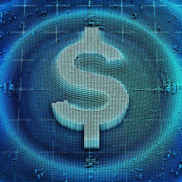 Digital dollar symbol formed by tiny cubes on a blue grid background.