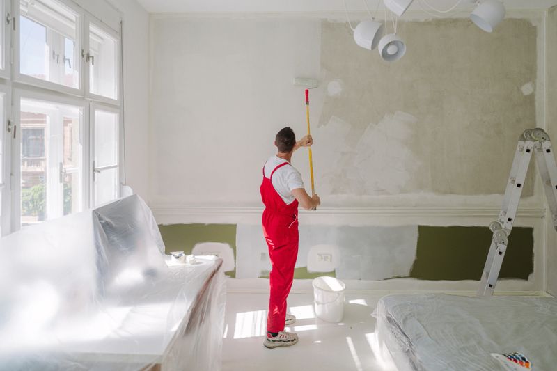 Photo of a professional house painter painting walls in the apartment