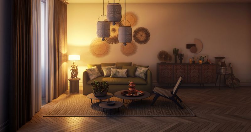 Digitally generated bohemian living room, featuring a cozy green sofa adorned with patterned pillows. The room is bathed in a soft, warm glow from the unique floor lamp and hanging lanterns, creating an intimate and relaxing ambiance. Woven wall art adds texture and visual interest, complementing the eclectic décor on the intricately designed cabinet. A patterned rug enhances the comfort of the herringbone wooden floor, making this space perfect for relaxation and unwinding.

The scene was created in Autodesk® 3ds Max 2025 with V-Ray 6 and rendered with photorealistic shaders and lighting in Chaos® Vantage with some post-production added.