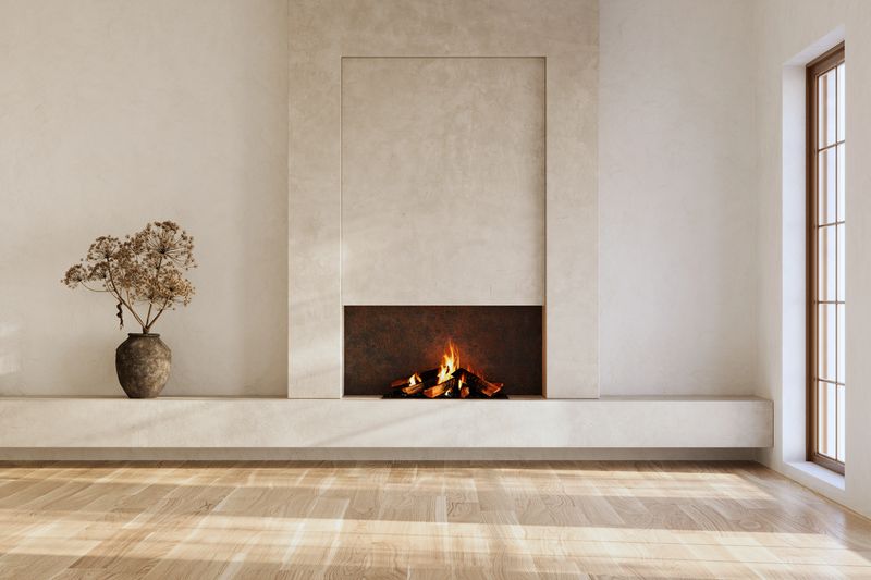 Minimalist living room interior with modern fireplace. Interior mockup
