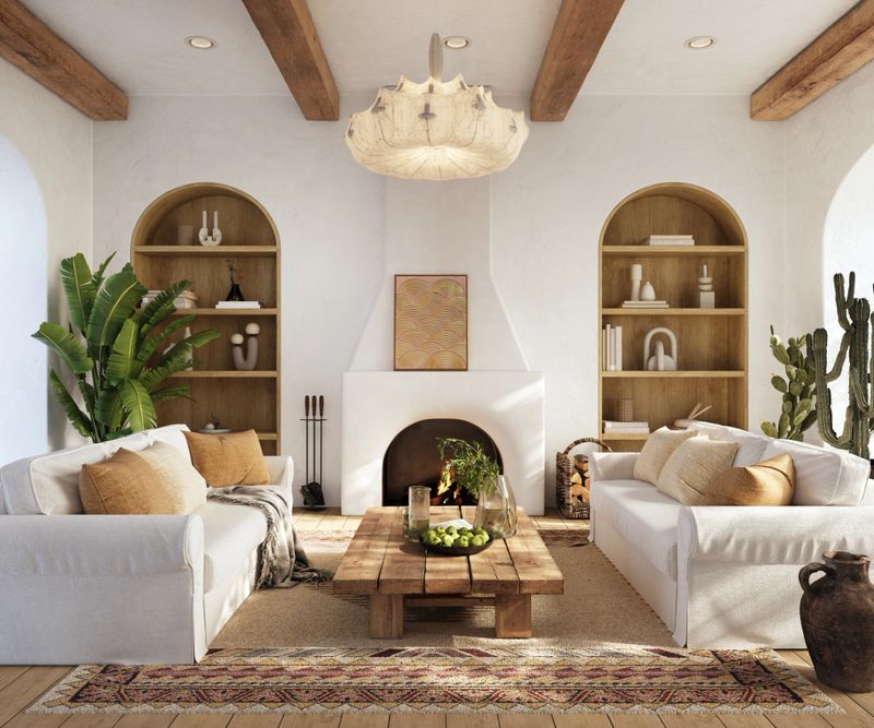 Wabi-sabi living room interior with arched shelves and fireplace