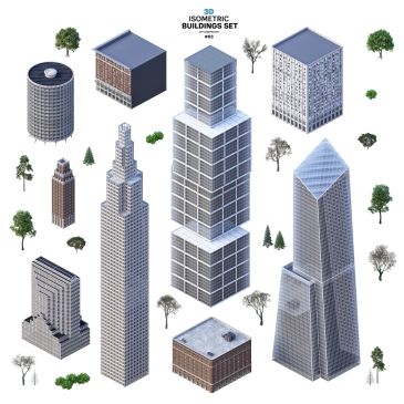 3D isometric set of modern buildings with trees.