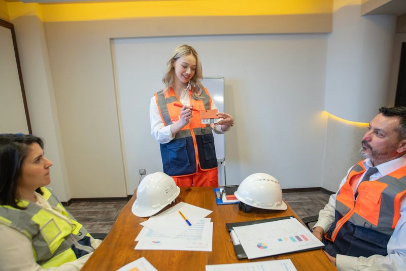 Employees wearing engineering outfits and reflective vests are seen sitting around a conference table. There are hard hats and work papers on the table. At the end of the table, a female engineer is standing and explaining something using a small model house she is holding. The other employees around the table are listening to her. This scene reflects information sharing and project presentations in an engineering meeting.