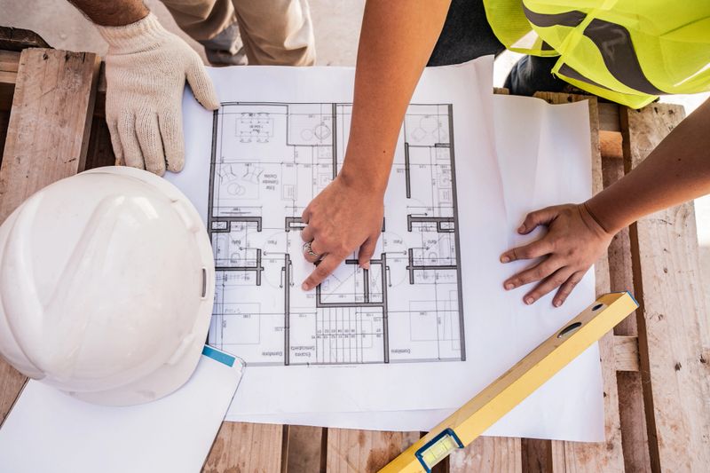 Close-up of a construction workers analyzing blueprint on construction site