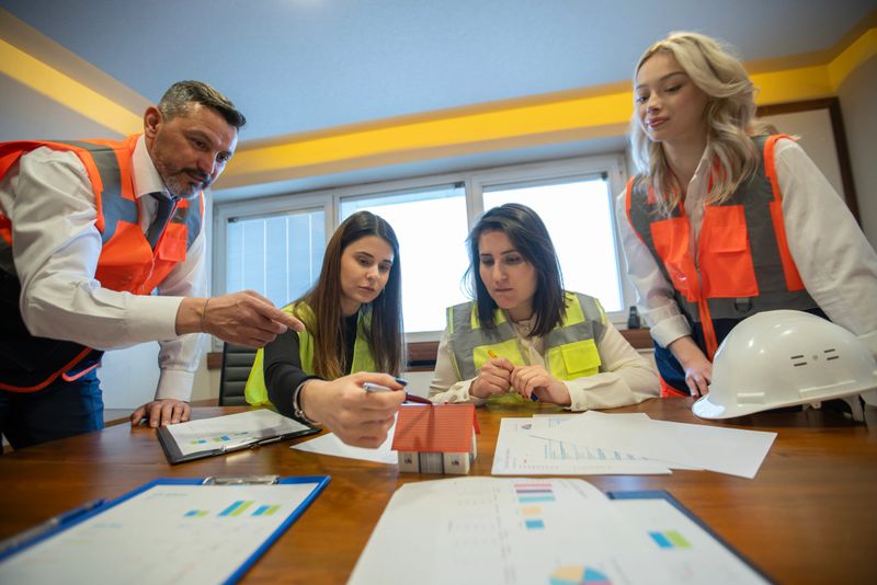 Engineers are seen standing around a conference table. They are pointing at a model house on the table and brainstorming together. There are also work papers on the table, and all the engineers are wearing reflective vests. This scene reflects collaboration and creative thinking in an engineering meeting.