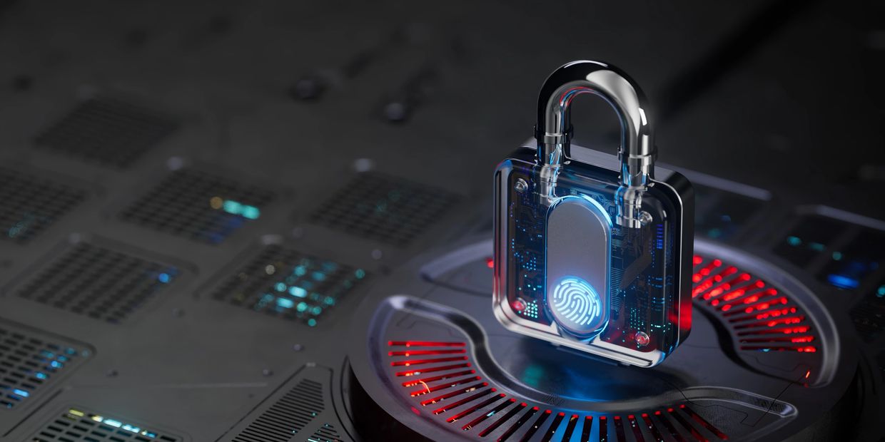 A futuristic padlock with a glowing fingerprint scanner on a digital platform.
