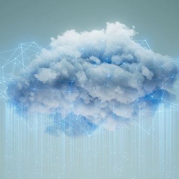 Abstract blue-gray cloud surrounded by interconnected lines and glowing nodes, with vertical streams