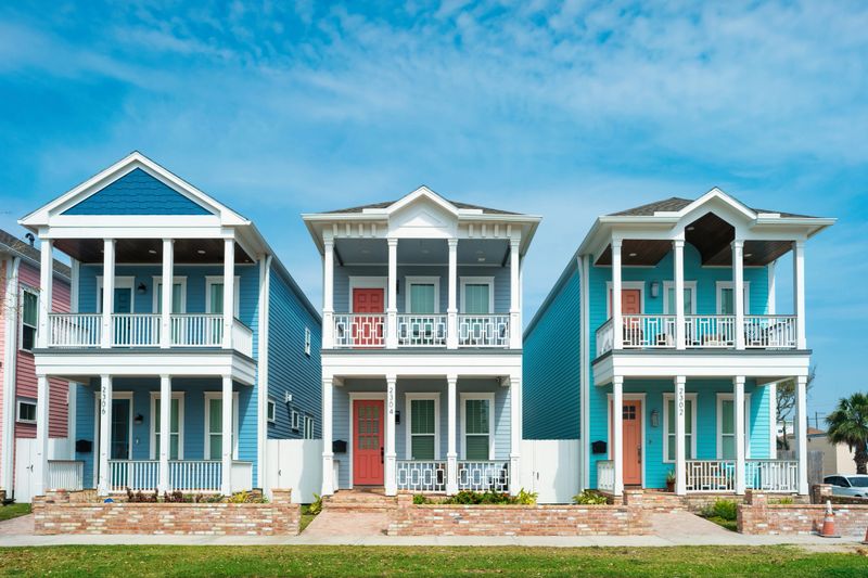 New houses with stacked porches in Galveston, Texas, USA on a sunny day.