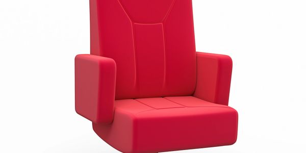 Modern red theater or cinema seat with armrests and black base.