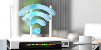 Wireless router with glowing Wi-Fi symbol in a modern living room.