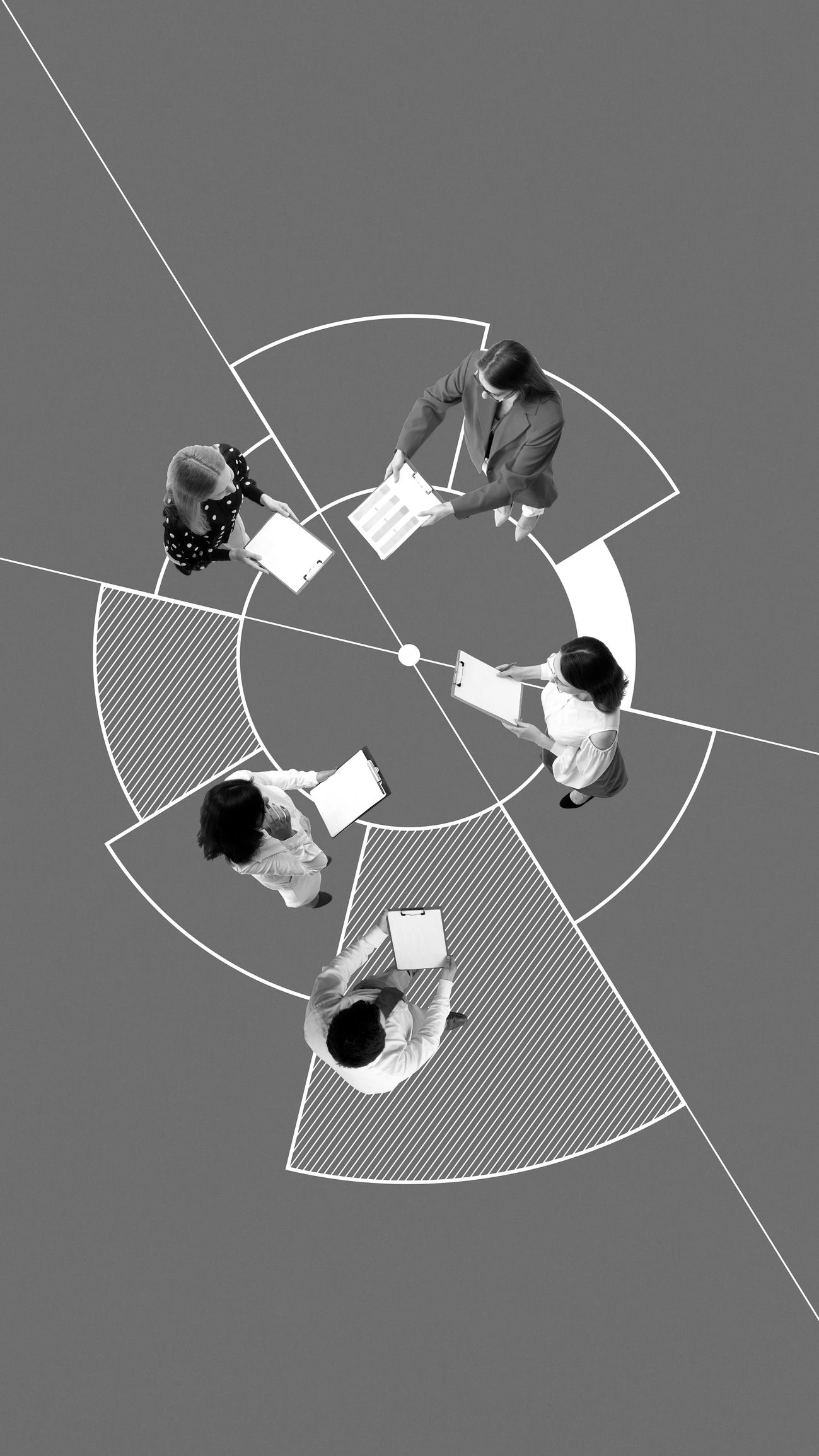 Top view of five people with clipboards in a segmented circle design.