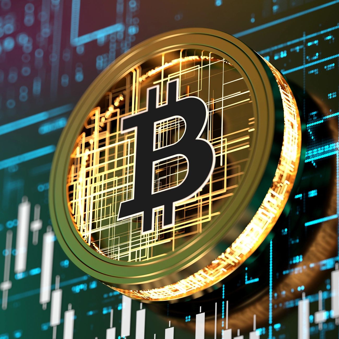Golden Bitcoin symbol with digital trading chart background.