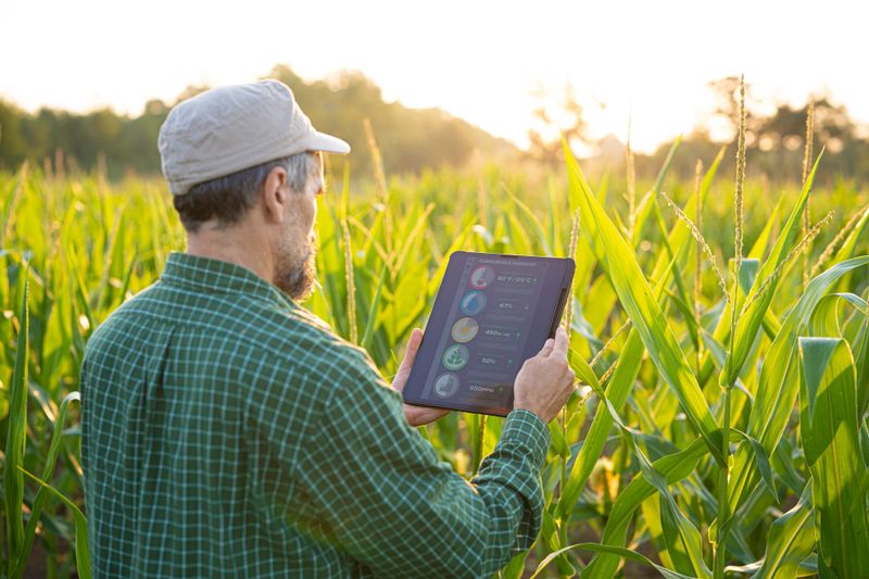 Agronomist using AI software on digital tablet in agriculture, examining organic corn crops.