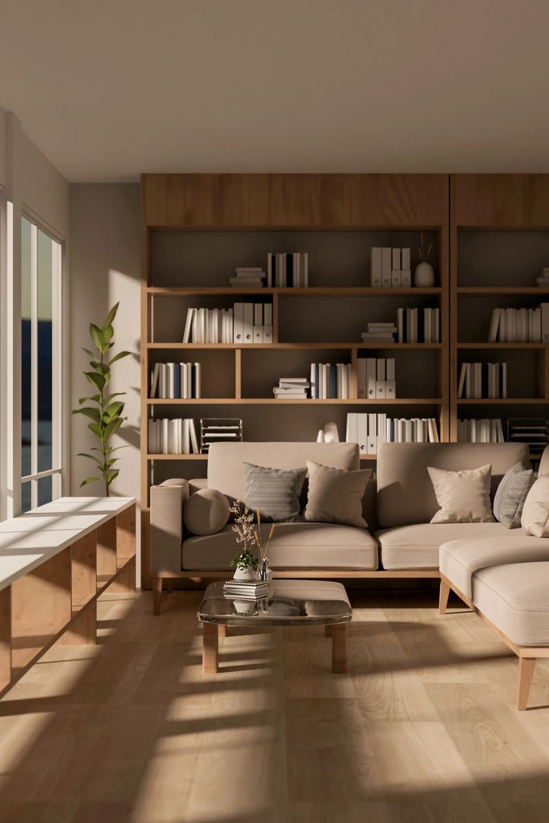 The interior design of a contemporary luxurious living room features a comfortable couch, a coffee table, a large bookshelf, home decor, and sunlight from the window. 3d render, 3d illustration