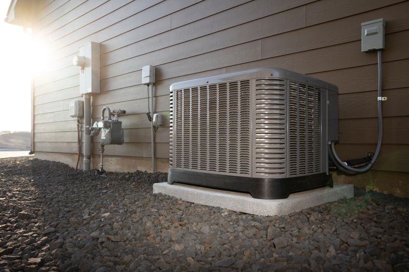 Modern HVAC air conditioner unit on concrete slab outside of duplex house.