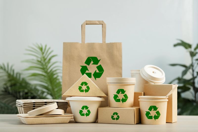 Use of eco-friendly paper tableware and packaging made from biodegradable materials. Set of eco friendly food packaging with recycling symbols on table white background.