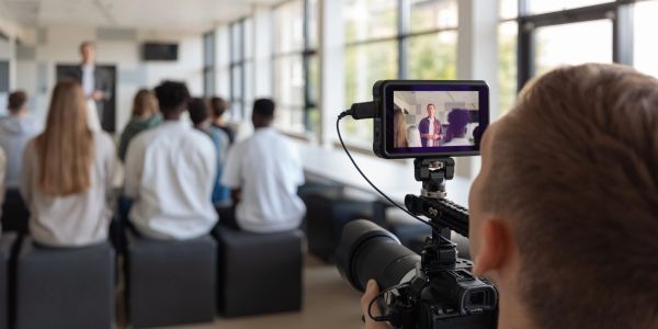 Un cameraman filme un orateur dans une salle de réunion.