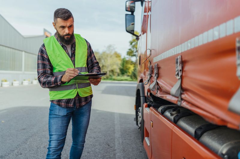 A truck driver wearing a reflective safety vest examines documents while standing beside his red truck, highlighting duties related to logistics and transport with a focused expression.