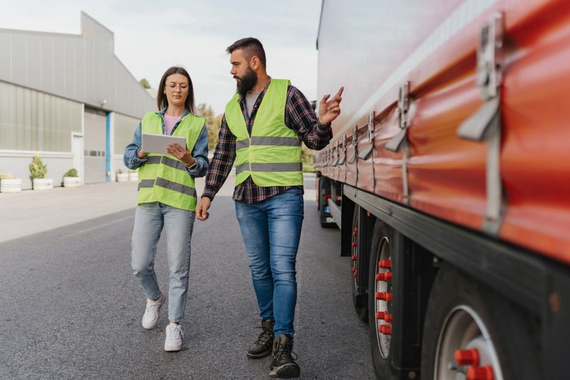 Two workers wearing safety vests walk alongside a red truck, consulting a tablet for information, representing teamwork and modern technology in vehicle inspections.