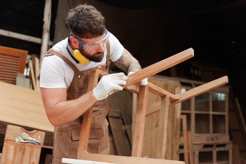 Young carpenter clear scrap wood on the chair in factory