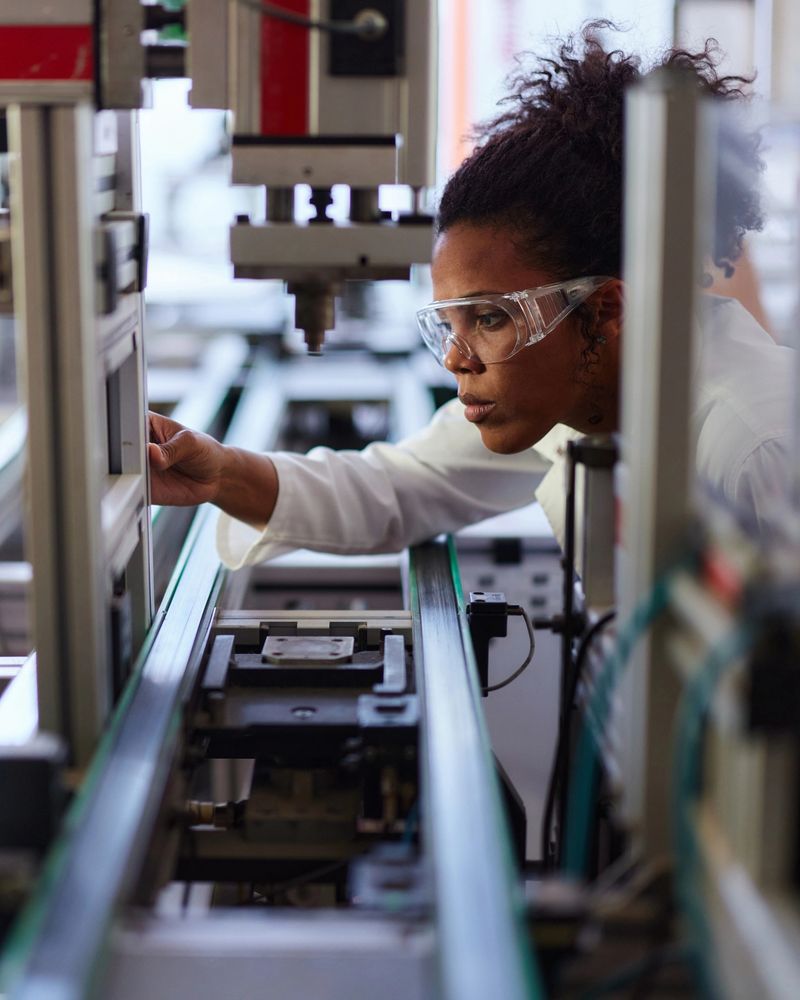African American female scientist working on innovative production line in robotics lab.