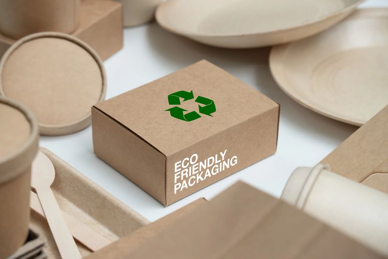 Eco Friendly Packaging for a Sustainable Future. Paper tableware  from natural recyclable with a recycling sign .Responsible consumption, zero waste concept.
