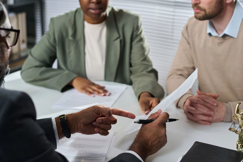 Hands of mature male adviser pointing at paper document while explaining its terms and conditions to intercultural employees