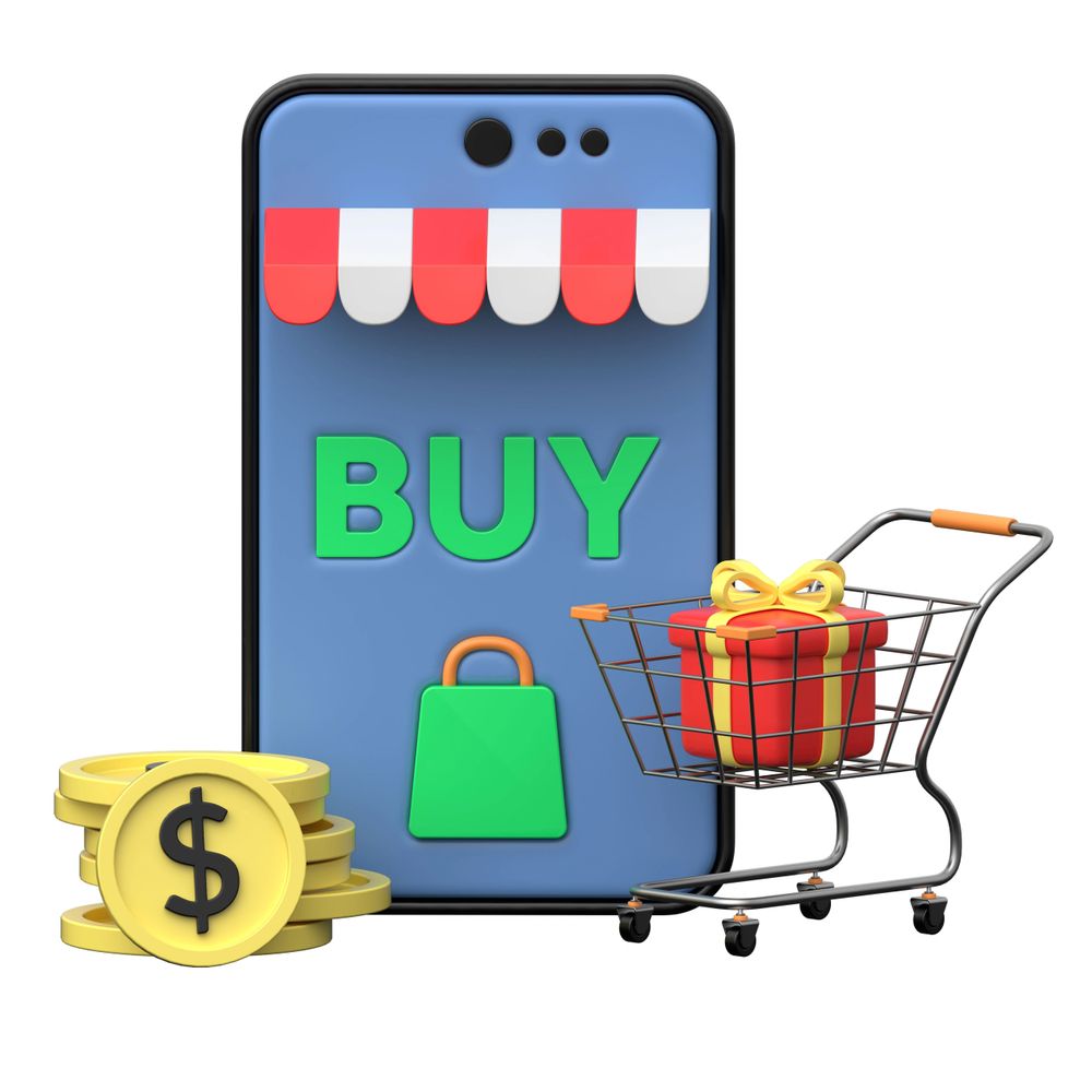 Online shopping concept with smartphone, shopping cart, gift, and coins.