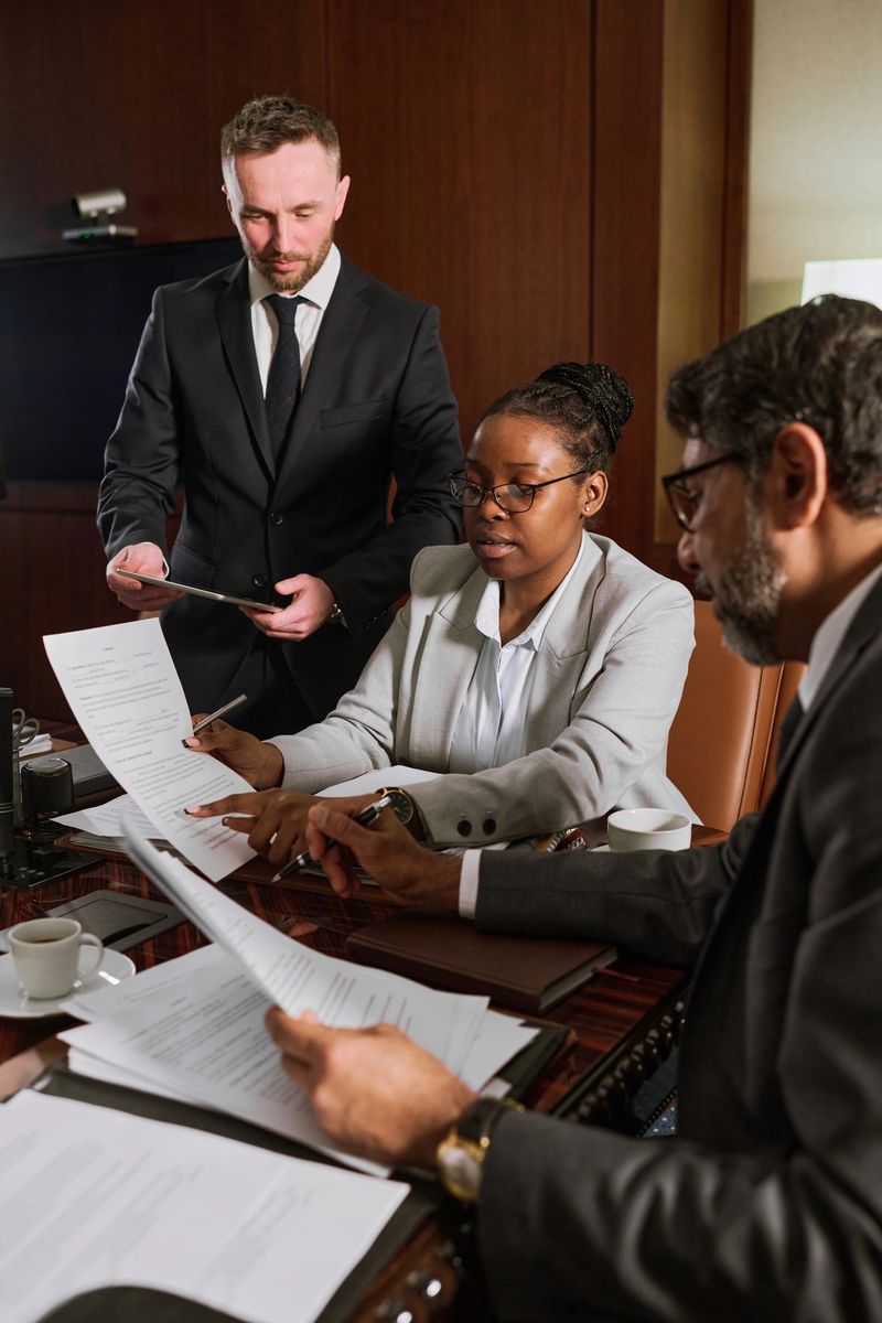 Young confident businesswoman pointing at list of contract terms and conditions while explaining them to male colleagues at meeting