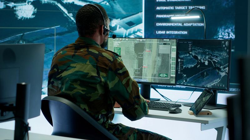 Soldiers in a modern command center analyze live data from cctv radar sources, satellite feeds and surveillance systems. Intelligence to support strategic planning and military operations. Camera A.